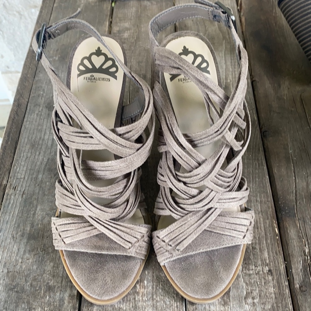 Fergalicious tanish gray wedges Sz 8